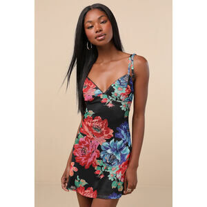 Lulus Aldara Black Floral Mesh Tie-strap Mini Dress - Size S
